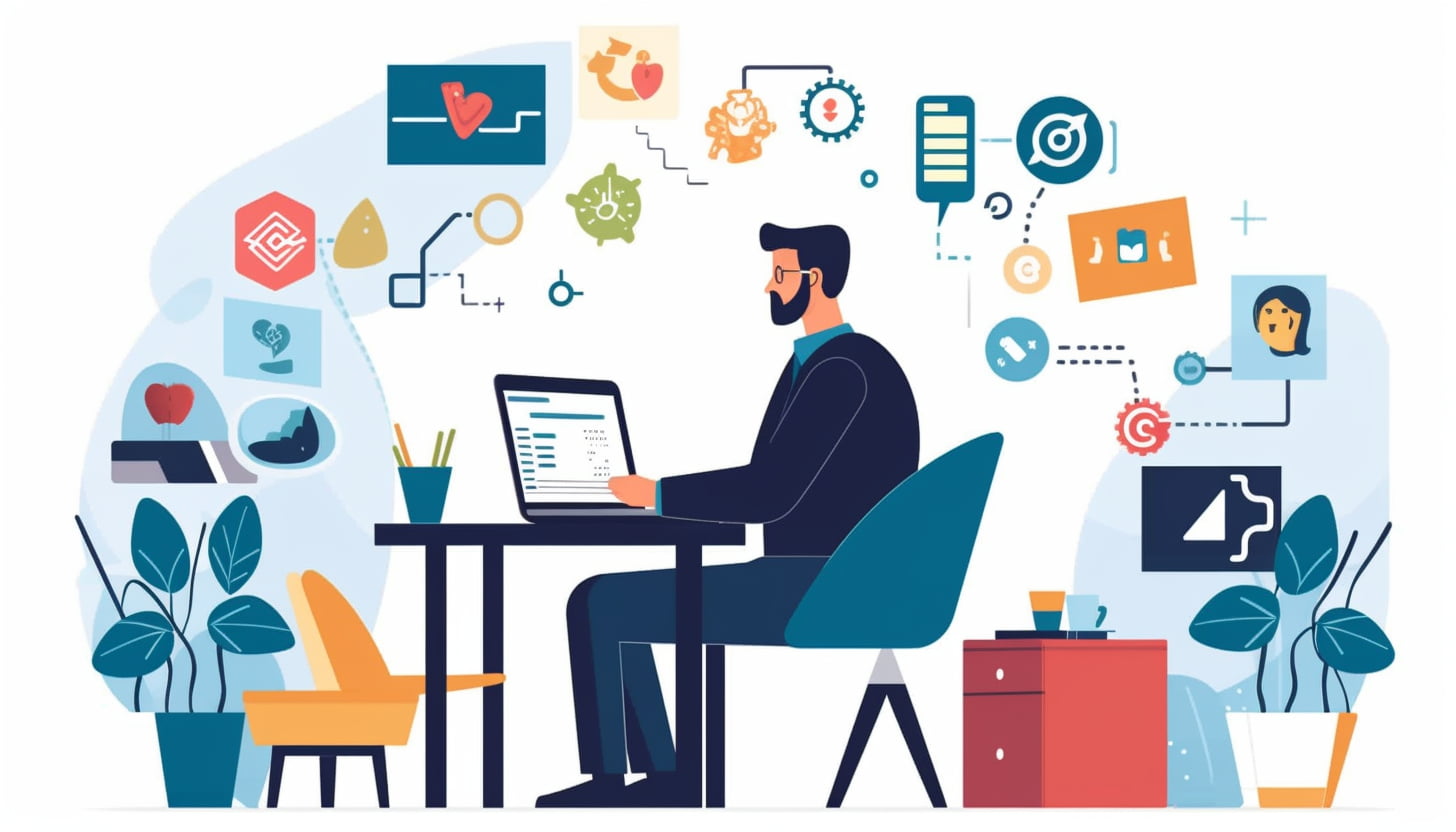 Représente un homme en train de travailler avec un ordinateur devant lui. En arrière-plan, incorpore des éléments liés au marketing, tels que des graphiques, des icônes de médias sociaux et des mots-clés pertinents. Ajoute également des éléments spécifiques au ciblage en marketing, comme une cible ou des flèches pointant vers des segments de marché. Enfin, intègre des éléments visuels représentant des emails ciblés, comme des enveloppes ouvertes avec des messages personnalisés sortant de l'ordinateur. Veille à ce que l'illustration transmette l'idée de stratégies de contenu efficaces et orientées vers des publics spécifiques.