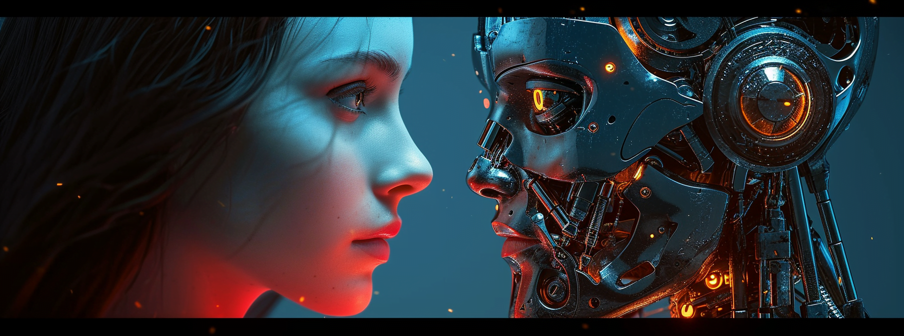 Une jeune femme affronte le regard d'un robot